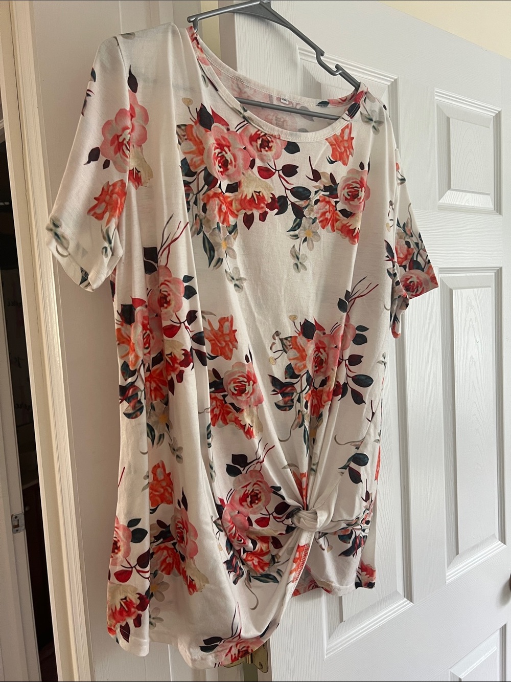 Floral Knot-Front Women's Top - White with Orange Pink Roses